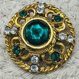 Green And Clear Rhinestone Gold Brooch